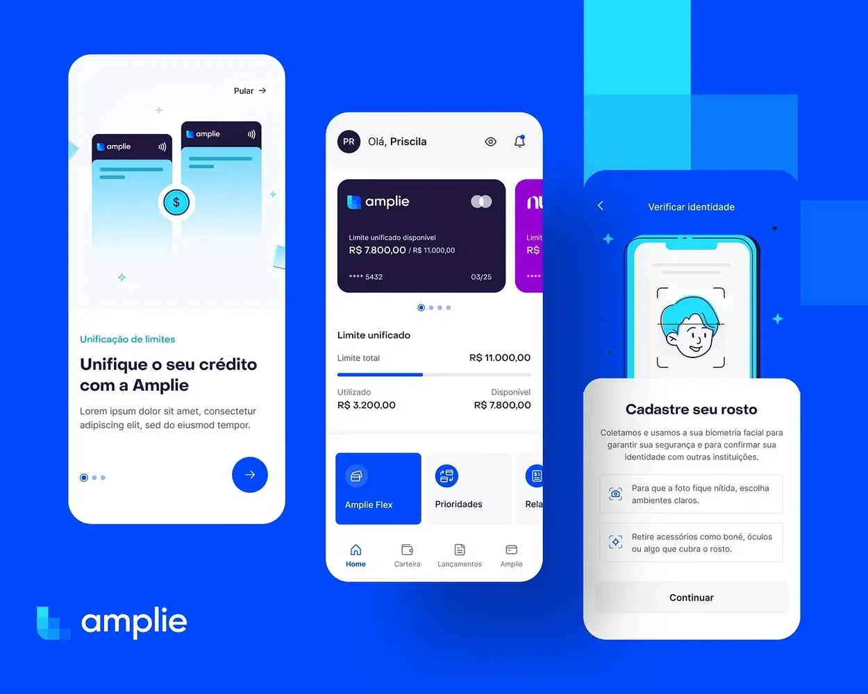 Telas do app Amplie: onboarding, home e verificação de identidade
