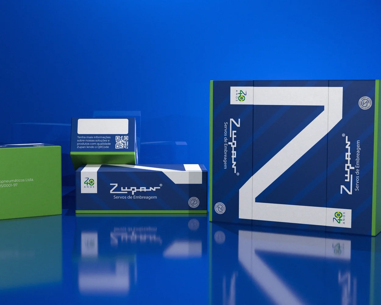 Caixas Zupan em azul e verde, com o Z em branco