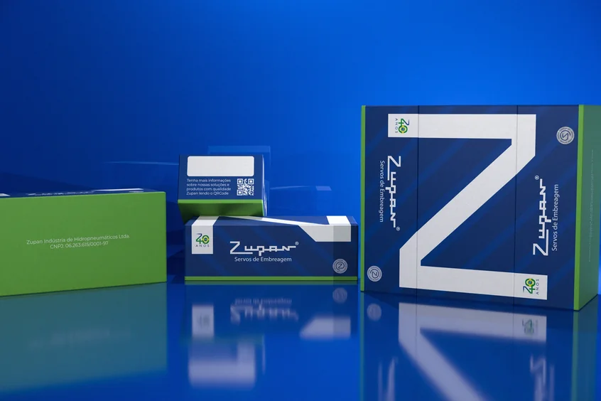 Caixas Zupan em azul e verde, com o Z em branco