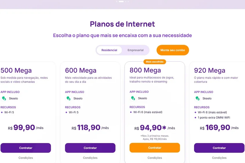 Planos de internet do site da Entre