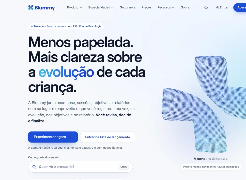 Página inicial da Blummy, no ar em blummy.app
